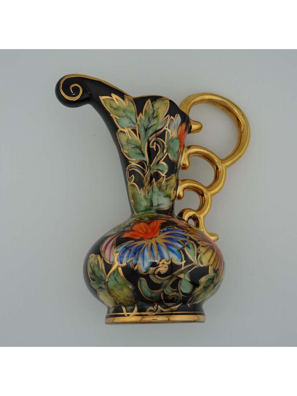 Vintage H. Bequet Quaregnon Decorative Ceramic Pitcher with Floral and Gold Det.